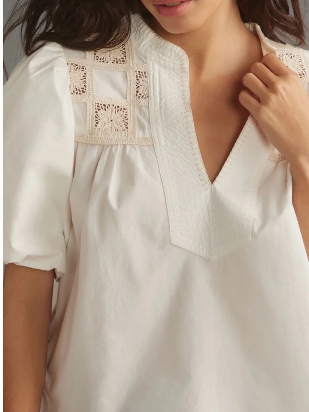 Anthropologie Cream Puff-Sleeve Embroidered Blouse - Picture 3 of 7